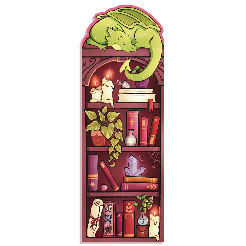 A product mockup of a fantasy themed bookmark with an illustration of a green dragon sleeping on a bookshelf. The bookshelf is filled with books and magical items. 