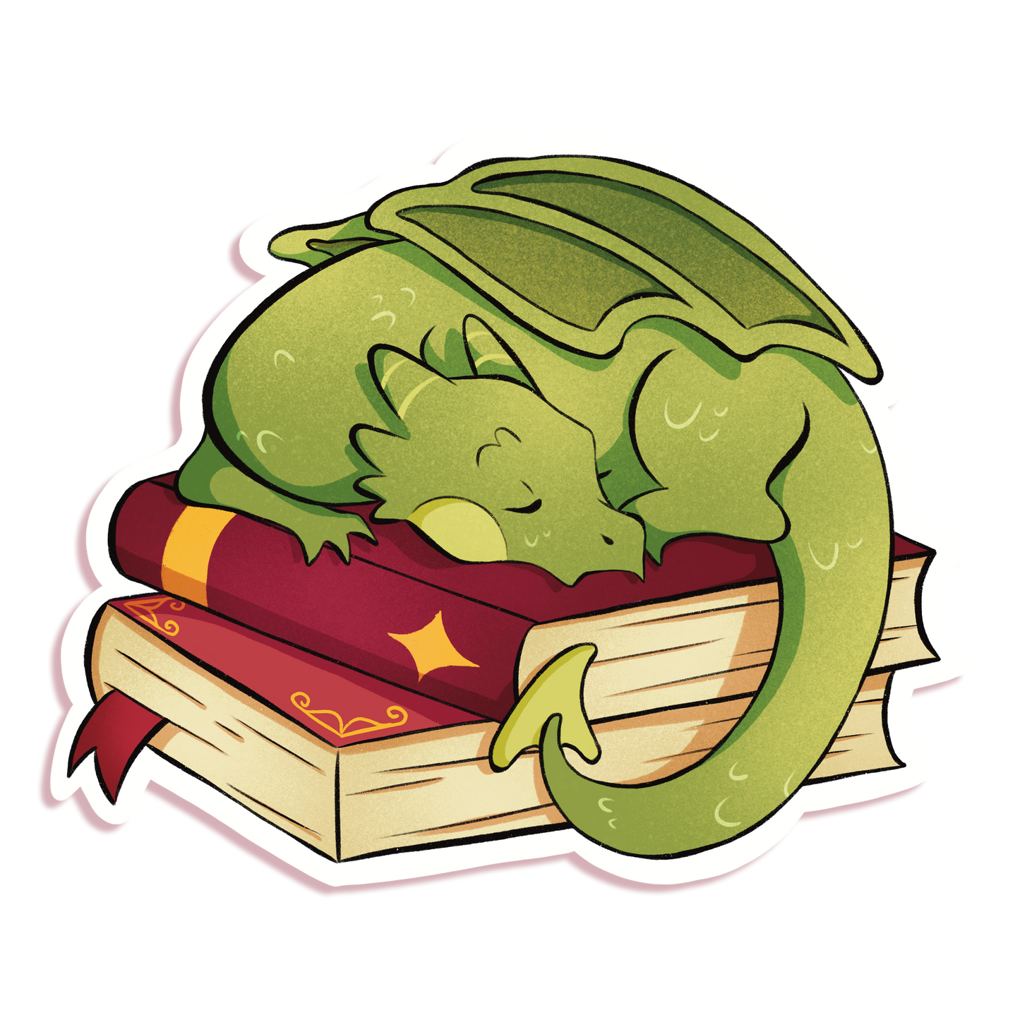A product mockup of a fantasy themed vinyl sticker with a dragon sleeping on a stack of books. 