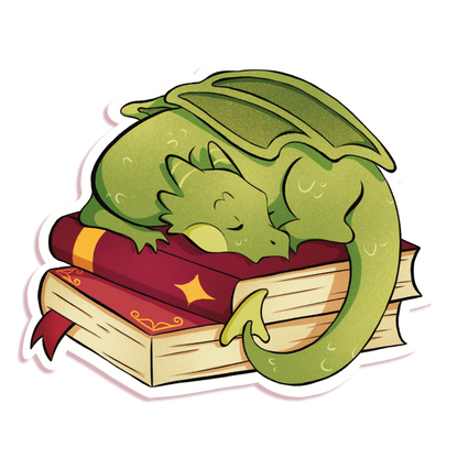 A product mockup of a fantasy themed vinyl sticker with a dragon sleeping on a stack of books. 
